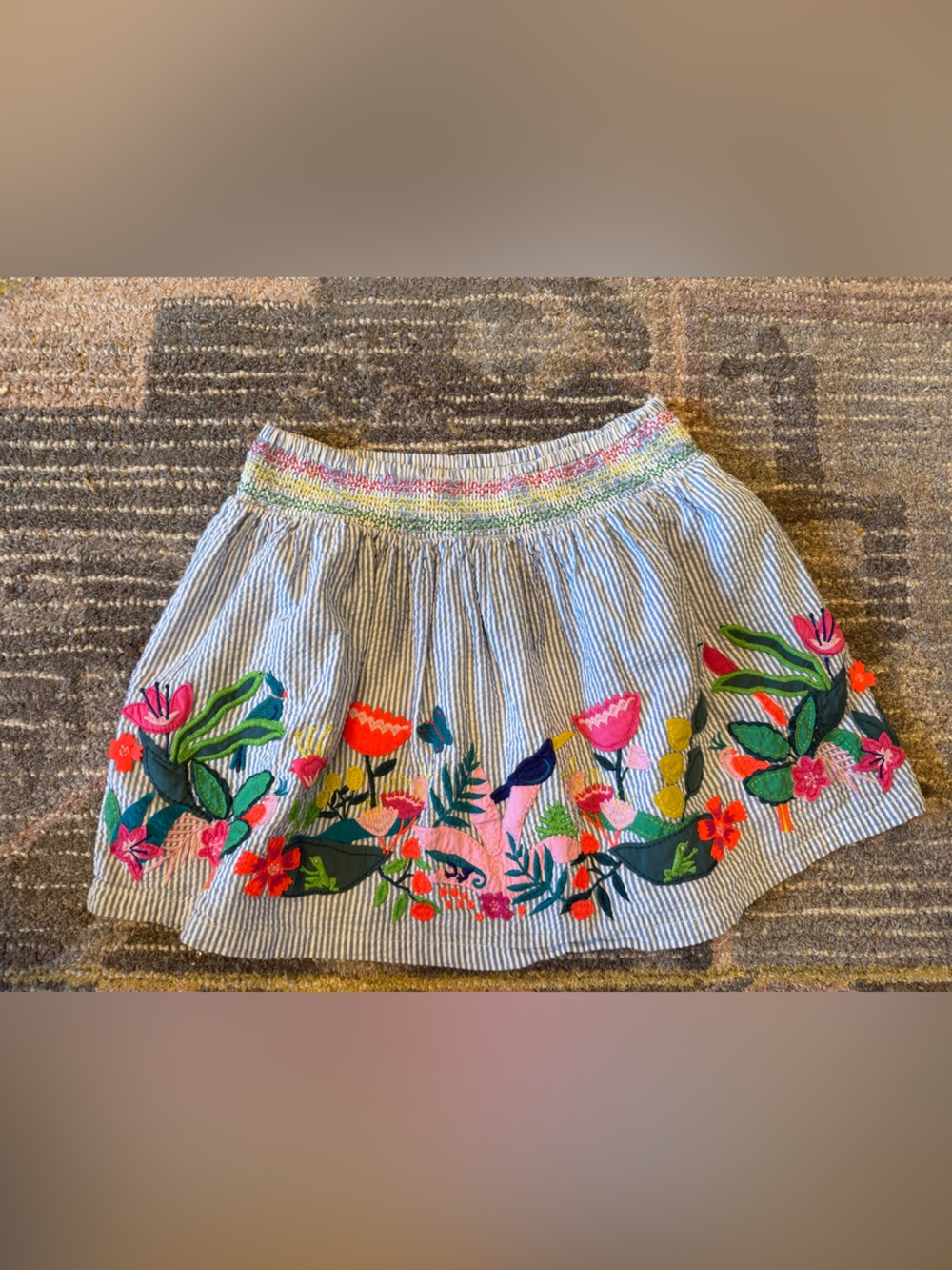 Mini Boden Striped Skirt with Bright Floral Embroidery